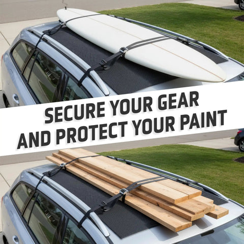 Non Slip Roof Mat For All Vehicles Soft Protector Liner With All Weather Grip Keeps Roof Cargo Rack Safe And Scratch Free Paint Protection Shield Heavy Duty Rubber Car Roof Liner 47 By 35 Inch carrying surfboard and wooden planks