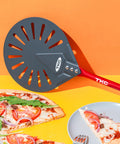 TKC 9-inch perforated aluminum pizza peel with red long handle; gray slotted disk for turning pizzas.