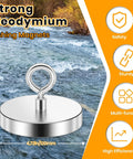 Strong neodymium magnet with hook over river, labeled safety, sturdy, multi-function, high efficiency, dimensions 4.72 x 3.27 inches