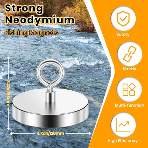 Strong neodymium magnet with hook over river, labeled safety, sturdy, multi-function, high efficiency, dimensions 4.72 x 3.27 inches