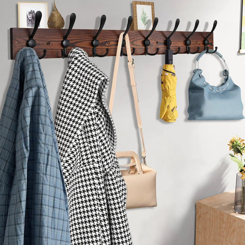 32.2 Inch Wall Mount Coat Rack With Eight Metal Hooks Built To Last, Rustic Brown Pine Wood Plank Hat Rack organizing coats and bags