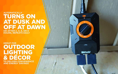Heavy Duty Outdoor Dusk To Dawn Lighting Timer With Dual Grounded Outlets And Built In Light Sensor for easy outdoor setup.