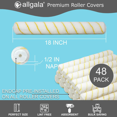 Killer 18 Inch Shedless Paint Roller Cover Haul 48 Pack Lint Free With End Caps Professional Grade Wall Roller Covers showing 18 inch roller with yellow stripes.