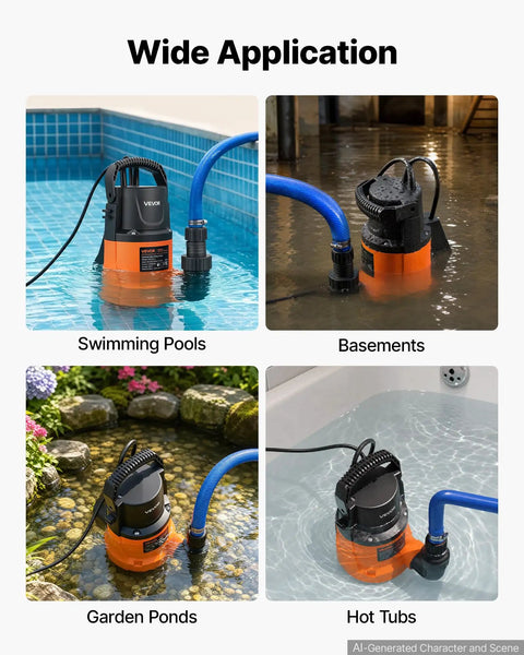 Heavy Duty Submersible Water Pump Delivers Knockout 3300GPH Flow With Zero Point Seven HP Motor in various applications like pools and basements.