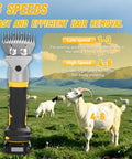 High Capacity Cordless Sheep Shears Gonna Slice Through Thick Wool Fast With Six Adjustable Speed Options And A Shock Absorbing Handle, featured outdoors with sheep.