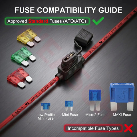 Kickass 2 Pack 10 AWG Inline Fuse Block With 12V UL Recognized Wire And IP67 Waterproof Seal For Rugged Marine Automotive Wiring Jobs Featuring ATC ATO Fuse Compatibility Options, fuse compatibility guide showing approved fuses.
