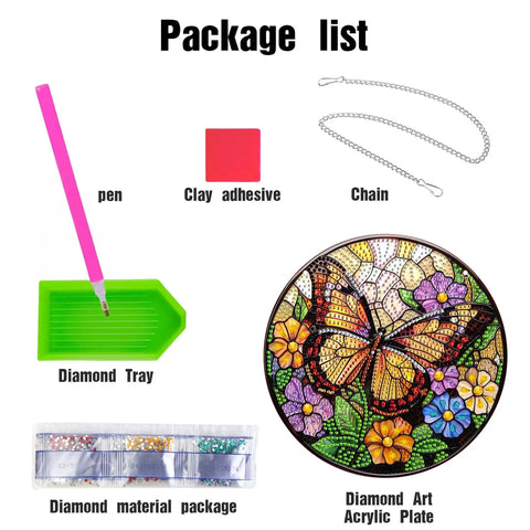 Package contents of Dual Sided Diamond Art Hanging Kit For Adults With Butterfly Crystal Ornaments Flower Sun Catchers, including pen, clay, chain, diamond tray, diamond materials, and butterfly acrylic plate for front door and windows DIY diamond painting experience on 8x8 inch frame summer porch garden decor.