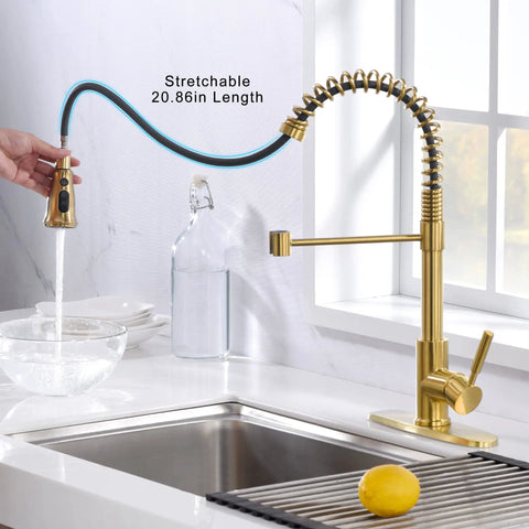 Brushed Gold Kitchen Faucet With Dual Function Pull Out And Pull Down Sprayer, Solid Single Handle With Deck Plate in use