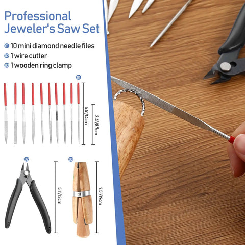 All In One Jewelry Making Tool Kit With Saw Frame And 144 Blades, Bench Pin Clamp, Wooden Ring Clamp, Ten Needle Files, Wire Cutter