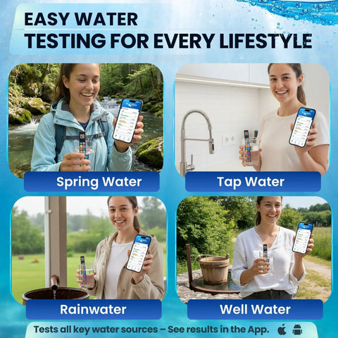 Four people using 20 In 1 Drinking Water Test Kit With Mobile App For Home Use That Checks PH, Hardness, Lead, Iron, Chlorine