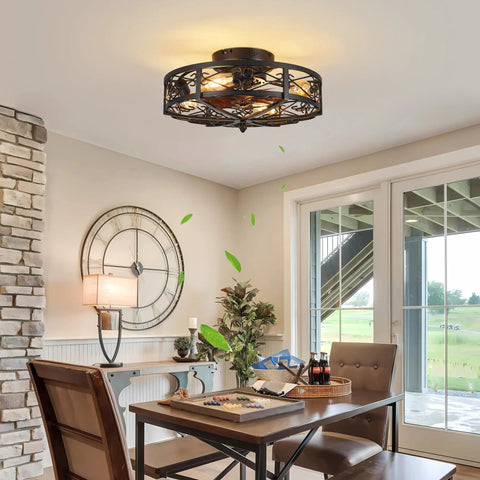 Rustic Black Caged Flush Mount Ceiling Fan With Lights And Remote, Vintage Low Profile Ceiling Fan, in farmhouse dining area.