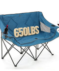 Portable Folding Double Duo Camping Chair Loveseat For Two With Extra Cozy Padding And Wine Glass Holders, 650lbs capacity