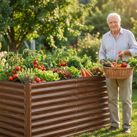 Waist Height Raised Garden Bed 36 Inches Tall For Easy Back Friendly Gardening Open Bottom Outdoor Galvanized Metal Planter Box 8 By 4 By 3 Feet For Vegetables And Flowers Brown with vegetables