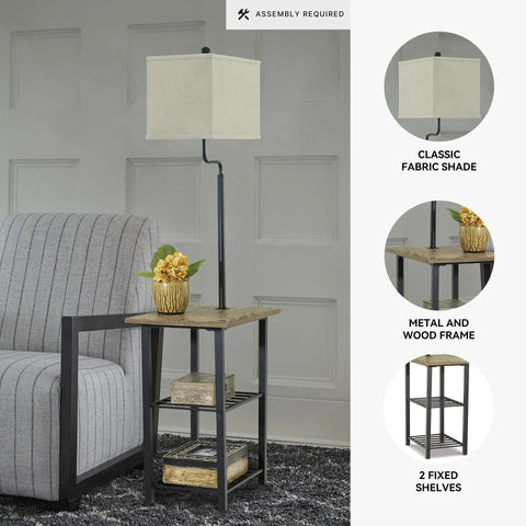 Do It All Metal Floor Lamp And End Table With Built In Surface And Two Fixed Storage Shelves Industrial Casual Black Finish