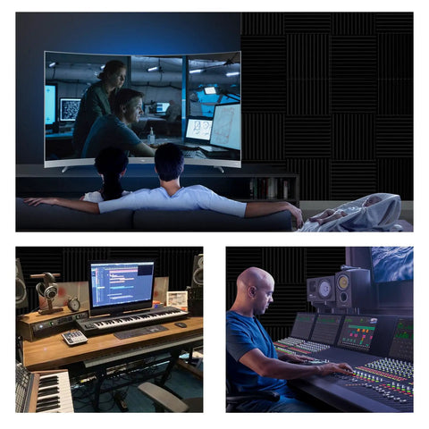 54 Pack Bangin Sound Proof Foam Panels 12x12x1 Inch Quick Recovery Wall Panels installed in various studio settings