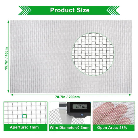 Stainless Steel Mesh Screen 20 Mesh 15.7 By 78.7 Inches No Rust Easy To Cut, detail of size, aperture, and wire diameter.