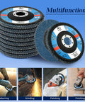 Front view of 10-pack flap discs, 4.5 in diameter, 7/8 in arbor, 40 grit zirconia Type 29 for wood and metal sanding.