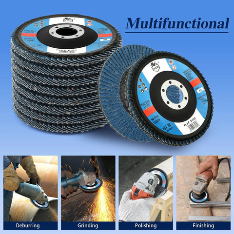 Front view of 10-pack flap discs, 4.5 in diameter, 7/8 in arbor, 40 grit zirconia Type 29 for wood and metal sanding.