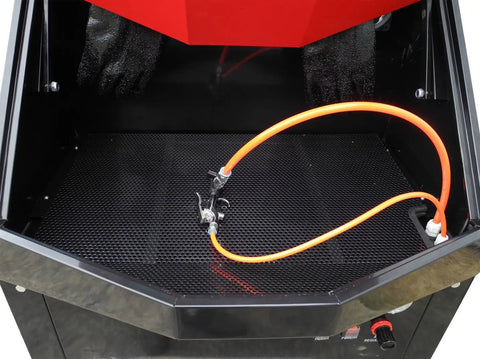 3 Gallon Heated Air Powered Parts Washer For Auto Shops Durable Steel Build Fast Heat Drying Efficient Performance Fits 22 By 30 Inch Work Area Compact 23 Inch Wide Body Requires Your Own Air Fittings showing internal hose and grate detail.