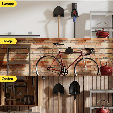 Wall-mounted garage tool organizer trimmer rack holding a grass trimmer and garden tools, shown in a storage and garden setting.