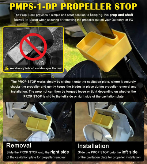 PMPS-1-DP propeller stop installation and removal process on outboard engine with yellow prop stop block.