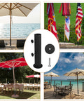 Ultra Sturdy Heavy Duty Granite Umbrella Stand For Outdoor Tables And DIY Projects Adjustable Post Clamp Fits One Point Three To Two Inches Stone Base Holder For Cement And Granite Boards shown with umbrellas on various outdoor settings.