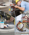 Technician working with 45 Plus 5 uF Dual Run Round AC Capacitor for Air Conditioning Units 370/440 VAC CBB65B, showing installation.