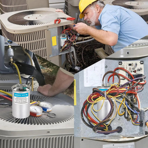 Technician working with 45 Plus 5 uF Dual Run Round AC Capacitor for Air Conditioning Units 370/440 VAC CBB65B, showing installation.