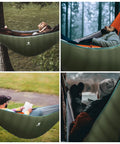 Collage of people using Ultralight Hammock Underquilt For Camping Full Length Warm Three To Four Seasons in different outdoor settings