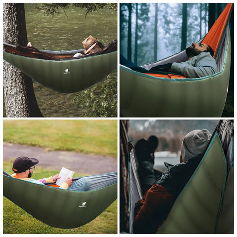 Collage of people using Ultralight Hammock Underquilt For Camping Full Length Warm Three To Four Seasons in different outdoor settings