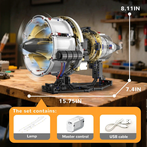 Aircraft Engine Building Kit With App Control Lighted Dope Mini Turbojet Model Featuring 564 Plus Pieces For Teens And Grownups Chrome Plated Engine Simulation Color Coded Assembly And Realistic Jet Sounds With Blue Exhaust Glow Display, shown assembled on a desk with included lamp, master control, and USB cable.