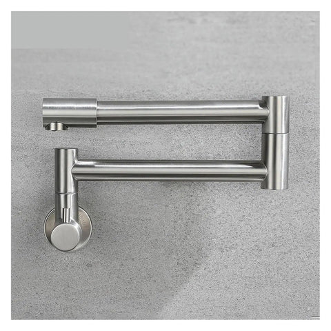 Foldable Wall-Mount Kitchen Faucet - Brushed Stainless Steel showing expandable and retractable design on a gray surface.