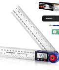Rock Solid Digital Angle Finder With A Slick Stainless Steel Frame And Smooth 360 Degree Rotation For Zero Hassle Layout Work Plus A Handy Folding Straight Ruler For Fast Job Site Prep on a white background showing the display reading 45 degrees.