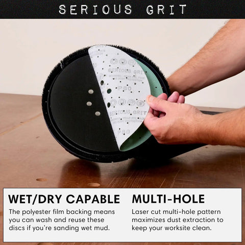 Person holding Heavy Duty 9-Hole 40 Grit Drywall Sanding Discs for Festool Planex LHS 225 with hook and loop backing, 225mm.