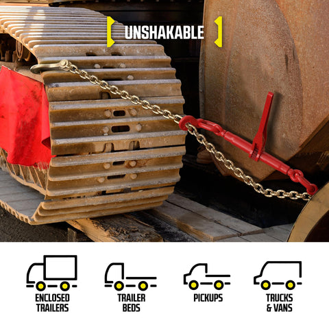 Heavy Duty Built Tough Ratcheting Chain Binder Set For Secure Tie Downs Fits Five Sixteenths To Three Eighths Inch Chain 9200 LB Working Load Limit Pack Of Four Forged Steel Handle And Cam And Pawl Design For Smooth Operation securing heavy-duty machinery with chain on a flatbed trailer.