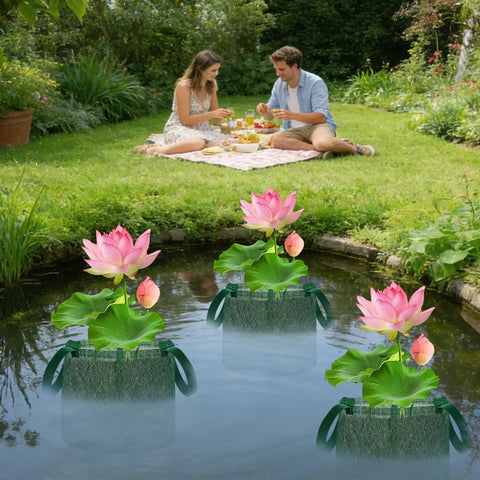 Lush garden pond with Mesh Net Planter For Ponds And Aquariums holding blooming lotus flowers, couple enjoying picnic nearby