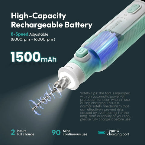 Close-up of Pro Grade Cordless Resin Drill Pen Kit with 8 speed adjustable rotary tool and high-capacity 1500mAh battery.