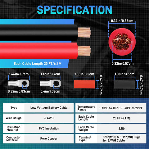 6 AWG Battery Cable Set 20ft Black and 20ft Red, Pure Copper Heavy Duty Wire With Terminal Lugs and Heat Shrink Tubing, Built for Cars RVs Boats Inverters Solar and Welding Projects; 6 AWG cable specs