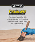 Real Deal One Step Wood Stain And Polyurethane Finish Combo In Classic Oak Satin Sheen For Furniture And Cabinets Easy Wipe On Setup Saves You Hours Gives Straight Top Tier Protection And Beautiful Wood Grains Half Pint Container being applied with brush on wood surface.