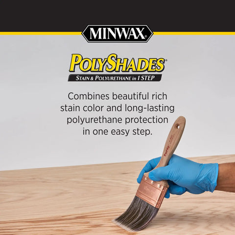 Real Deal One Step Wood Stain And Polyurethane Finish Combo In Classic Oak Satin Sheen For Furniture And Cabinets Easy Wipe On Setup Saves You Hours Gives Straight Top Tier Protection And Beautiful Wood Grains Half Pint Container being applied with brush on wood surface.
