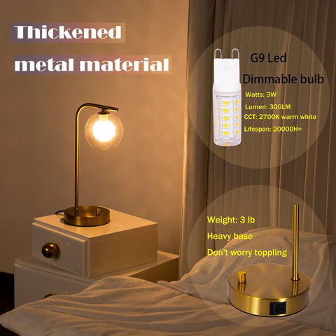 Industrial Glass Globe Desk Lamps Set Of 2 With USB Charging Ports Gold Metal Bedside Table Lamps Stepless Dimmable Brightness Perfect For Living Room Or Bedroom LED Bulbs Included shown on bedside table with bulb details