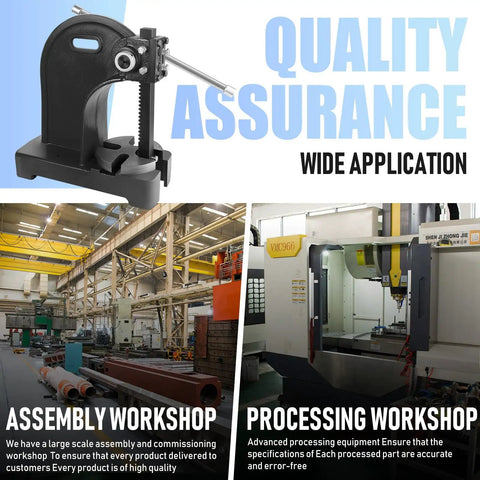 Heavy Duty 3 Ton Arbor Press With Ergonomic Handwheel And Non Slip Grip 12 Inch Tall Cast Iron Desktop Machine, shown in an assembly workshop.
