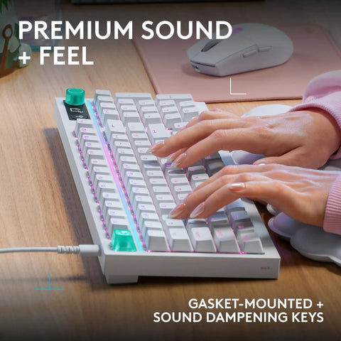 Top Tier Wireless Mechanical Gaming Keyboard Hot Swappable Linear Switches Ridiculously Smooth Pbt Keycaps Serving Insane 8 Khz Polling Speeds For Elite Play In White with illuminated keys and hands typing.