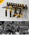 Power Tool Organizer Wall Mount Drill Holder Heavy Duty Garage Storage Rack in use holding tools above cluttered workspace.