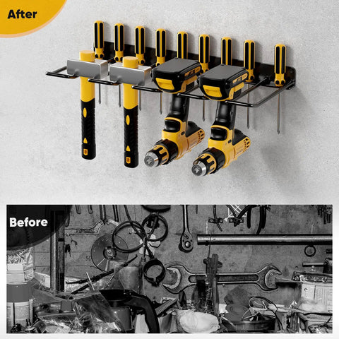 Power Tool Organizer Wall Mount Drill Holder Heavy Duty Garage Storage Rack in use holding tools above cluttered workspace.
