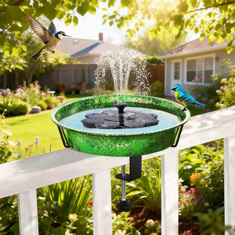 Heavy Duty Deck Mounted Bird Bath And Feeder For Patio Rails 11.5 Inch Sturdy Metal Basin with fountain and two birds.