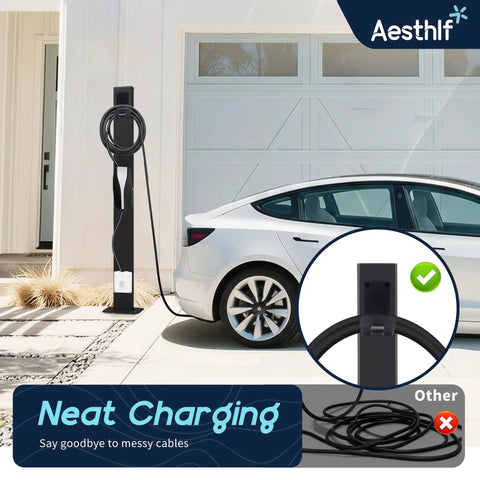Badass Outdoor EV Charger Pedestal Rock Bottom Anti Wobble Base with charging cable, compatible with Tesla Gen 3, stylish design.