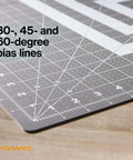 Fiskars cutting mat, 24 x 36 inches, gray self-healing with grid and 30-, 45-, 60-degree bias lines; Fiskars logo