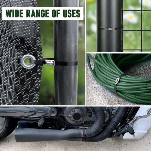 Heavy Duty Stainless Steel Zip Ties 11.8 Inch 100 Count For Outdoor Use Built For Tough Yard Jobs 198 Lb Tensile Strength UV Resistant 304 Stainless Cable Ties securing fencing, cables, and exhaust.