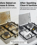 Before and after images of kitchen stovetop cleaned with Heavy Duty Handheld Steam Cleaner With 1200ML Tank That Slays Grease And Sticky Buildup On Kitchens Bathrooms And Car Interiors Smooth Cleanup Guaranteed Every Time.